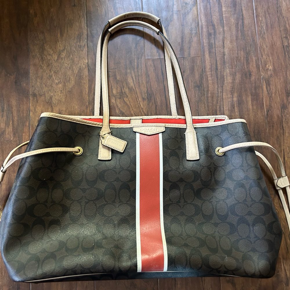 Coach Signature Brown and Red Stripe X-Large Tote